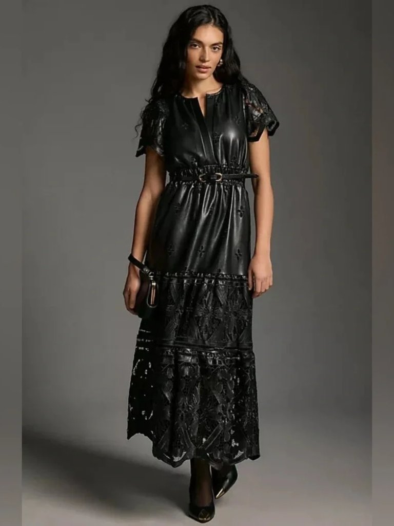 Anthropologie Somerset Maxi Dress Faux Leather Embroidered Black Size Small